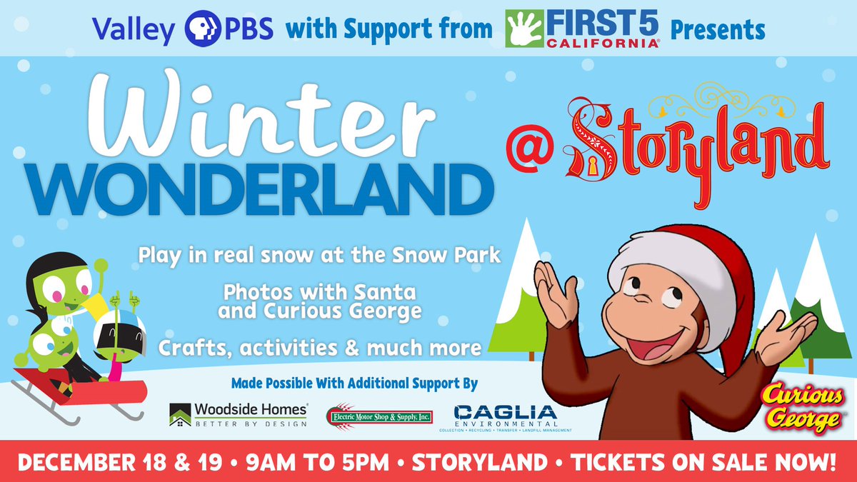 ValleyPBS's tweet image. Valley PBS, with support from First 5 California, is happy to present the 1st Annual Winter Wonderland at Storyland on December 18th and 19th, 2021. Winter Wonderland will provide an opportunity for families to experience an interactive, educational, and magical day. ❄️