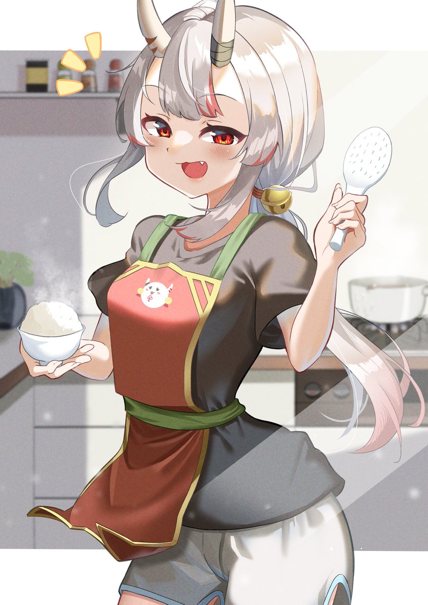 nakiri ayame 1girl horns oni horns apron red eyes solo fang  illustration images