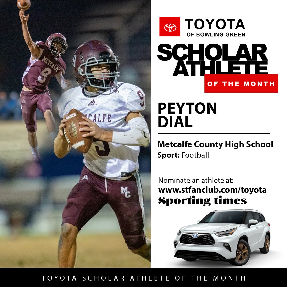 Congratulations Metcalfe County's Payton Dial. November Toyota of Bowling Green Scholar Athlete of the Month.