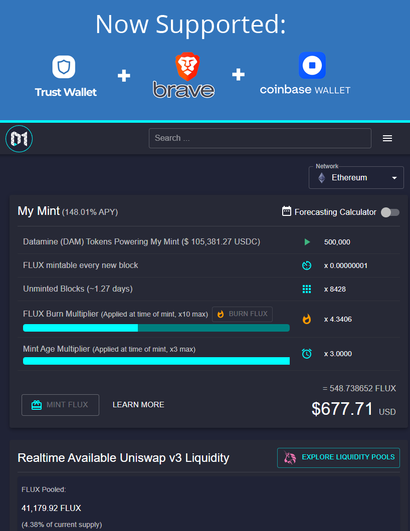 dataminenetwork's tweet image. 🔥Our #DeFi mint #dapp is now compatible with:

- @coinbase wallet
- @brave updated wallet
- @TrustWallet 
- @MetaMask 

As well as many other #web3 compatible wallets!

We've also increased the #smartcontracts batching for 10x increased performance! 💪

datamine-crypto.github.io/realtime-decen…
