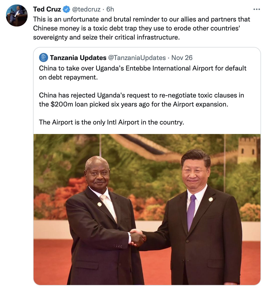 shelbygrossman's tweet image. 1/n A few days ago this tweet from @TanzaniaUpdates claiming that China took over Uganda's main airport went viral. It was retweeted more than 11,000 times. Tons of verified accounts amplified it.
