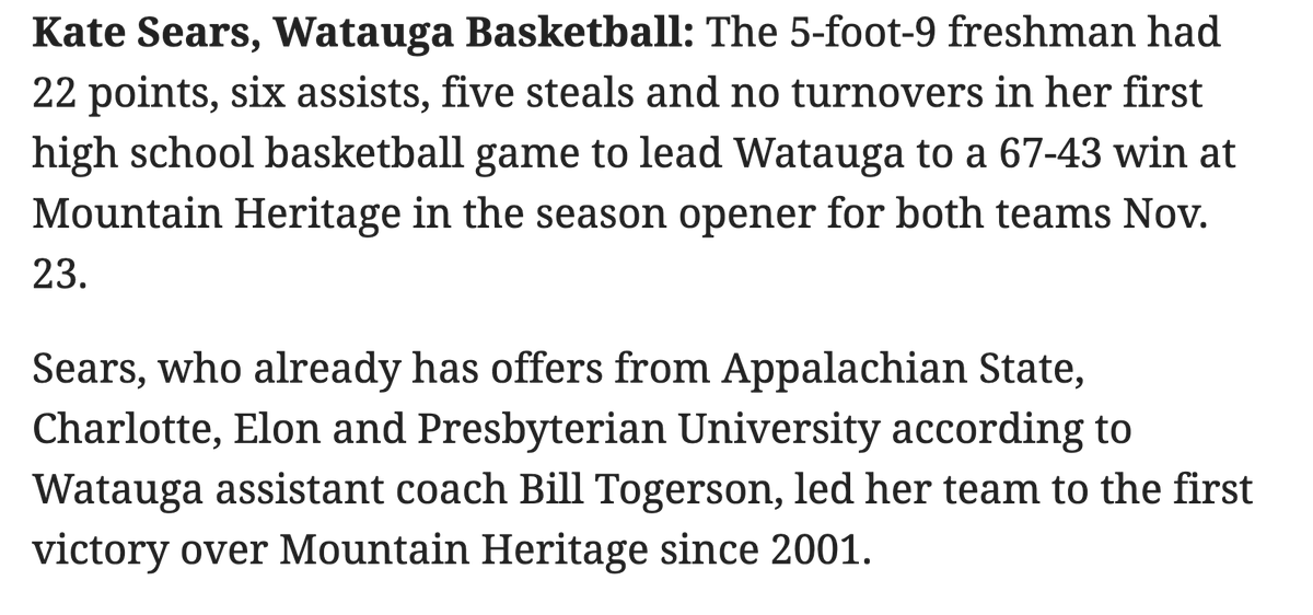 WataugaHSWBB's tweet photo. Congratulations to @Kate_sears12 on being nominated for The Charlotte Observer high school player of the week. We recommend you register for free access to The Observer and vote for Kate! @theobserver @wataugaboosters 

https://t.co/foyZ4vUFij https://t.co/LemhWmKx4r