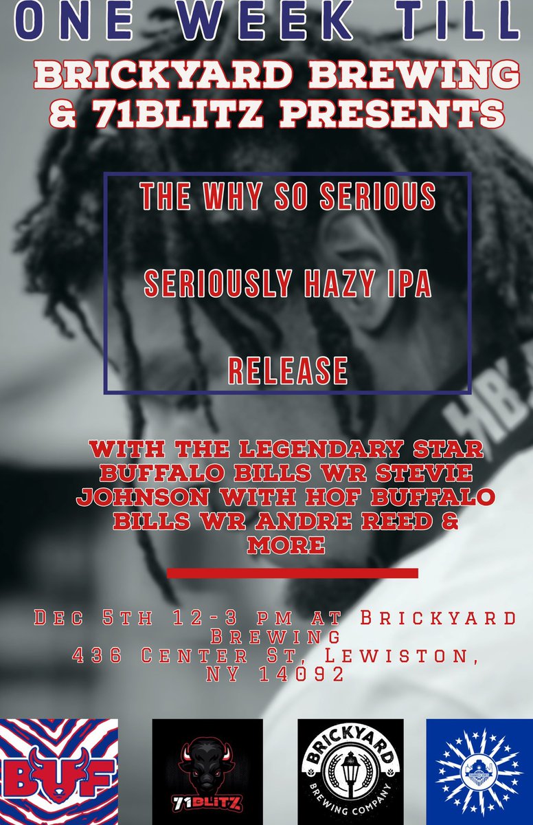 AceTheCreator91's tweet photo. Come and Hang out with @TrainwreckSprts @71Blitz @StevieJohnson13 @BrickyardBrewCo @BUFonWECK for our ipa release plus the best thing about it, it’s for a great cause #BillsMafia #brickyardbrewing https://t.co/FMagVFFAaL