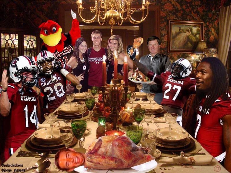 Cheers to the greatest Gamecocks thanksgiving ever. <a href="/RubrChickens/">TRC</a> <a href="/clownejd/">Jadeveon Clowney</a> @cmshaw14 <a href="/MikeDavisRB/">IG MikeDavisRB</a> <a href="/SteveSpurrierUF/">Coach Steve Spurrier</a> <a href="/elliott_fry22/">Elliott Fry</a> <a href="/Cocky2001/">Cocky</a>