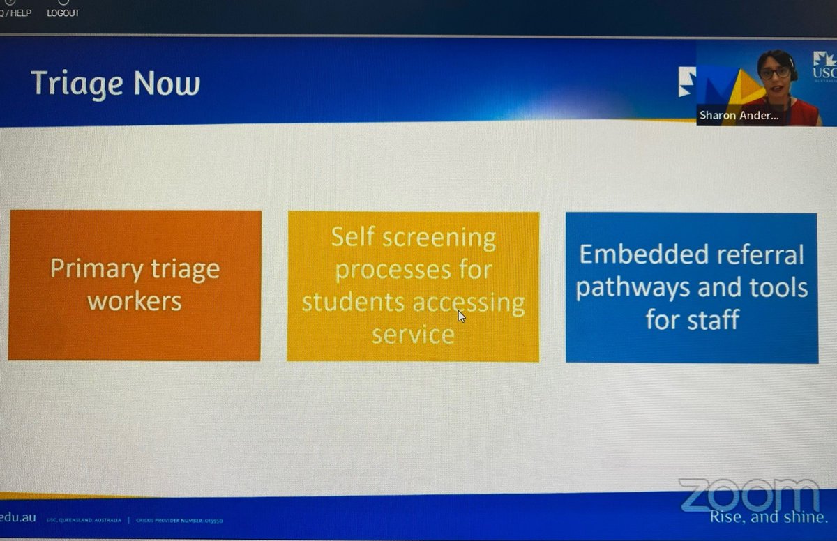 ANZSSA's tweet photo. Great #ANZSSA2021 presentation by the @usceduau  #studentwellbeing team explaining the refined process of a dedicated #triage service to assess suitability, risk and priority of service allocation. https://t.co/rLabZqozE8