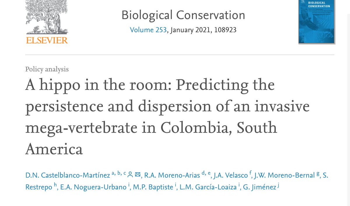 FNAmbiental's tweet photo. #BiologicalConservation | Volume 253, January 2021
Un hipopótamo en la habitación: prediciendo la persistencia y dispersión de un megavertebrado invasor en Colombia, Sudamérica. 🦛🇨🇴
#EnInglés @sciencedirect  #EspeciesInvasoras
https://t.co/eJ4cAyzDz7! https://t.co/Vu4feNvLPU