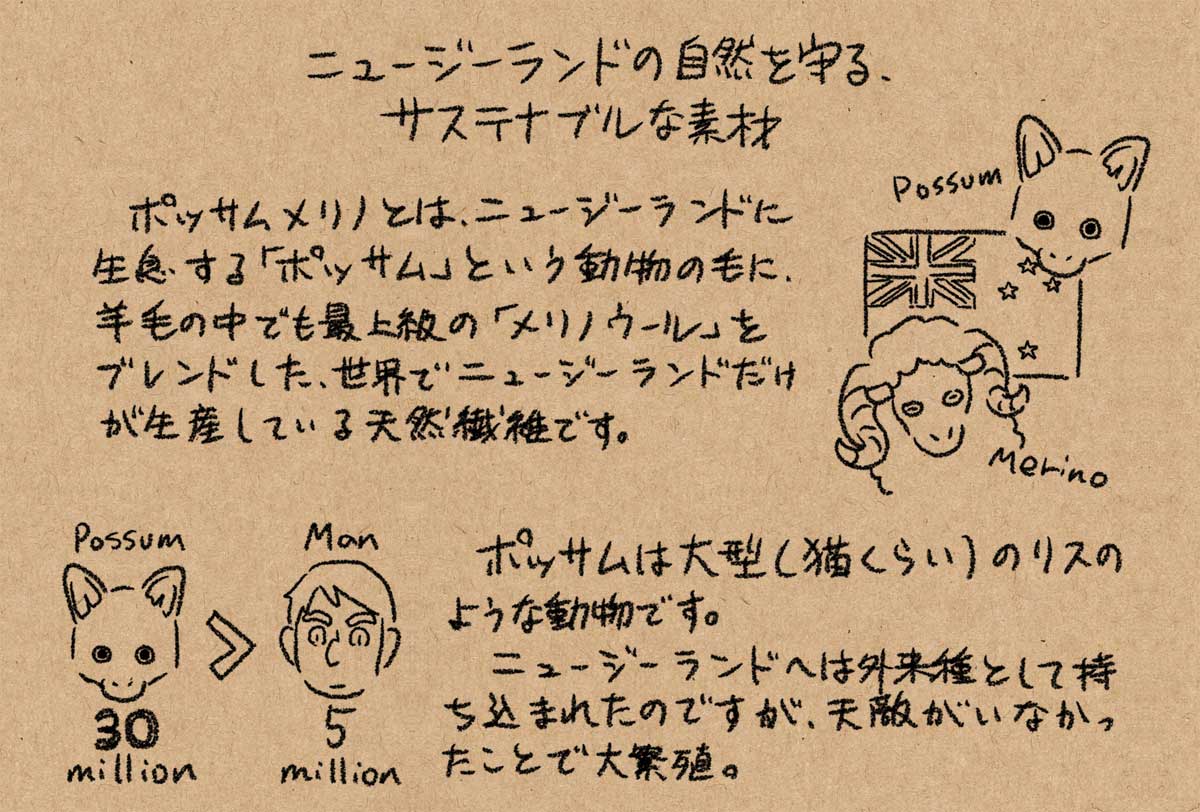 たぶん今日本で一番ポッサムに詳しいのは私です。
「カシミヤより暖かい」の科学的根拠を現地に問い合わせたり笑

こんなに良いものが日本で手に入らないのがもったいないので、家族友人に配った靴下の反応が上々なら後日ちょっと輸入しようと思ってます。

↓配布時に手作りしたパンフレットより抜粋 