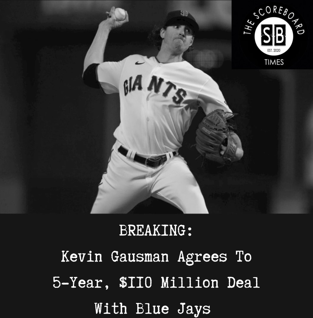 ScoreboardTimes's tweet photo. The #BlueJays make the biggest move in the starting pitching market so far this offseason by agreeing to terms with Kevin Gausman.

(first reported by @JeffPassan) https://t.co/0YbgMNI9cA