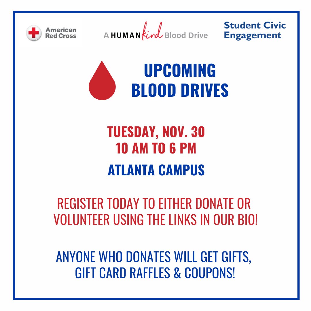 GSUCivicEngage's tweet photo. Save these dates for upcoming opportunities with the American Red Cross, brought to you by the Office of Student Civic Engagement. Don’t miss your chance to donate or volunteer! More details via the link in our bio! #panthersengage #theSTATEway #gsu #blooddrive #donate https://t.co/Xupq1rNVoG