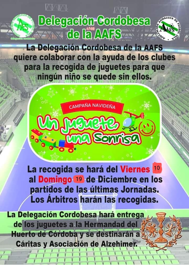 La AAFS CORDOBA Y ACFS QUIERE INFORMAROS QUE ESTE AÑO SEGUIMOS POR SEGUNDA VEZ CON LA CAMPAÑA DE "UN JUGUETE 🚁UNA SONRISA😁"COLABORA CON ESTOS ❤NIÑOS,AS❤QUE NO TENDRAN UN JUGUETE EN REYES,PUEDE SER USADO EN BUEN ESTADO O NUEVO,AYUDANOS A SACARLE UNA 😀 A ESOS NIÑO,AS ESTE AÑO.
