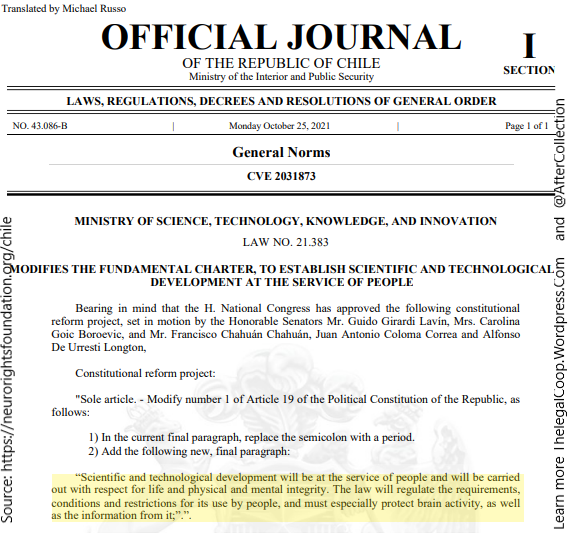 AfterCollection's tweet photo. @guidogirardi 'Chile amends Constitution to add personal identity, free will & mental privacy...legislating neurotechnology that manipulates one's mind'
RT to Support the Fight to preserve Liberty
https://t.co/hKC9IL1EaA
#Neurotechnology
#Nonconsensualimplants
#Neuroderechos
.@yusterafa https://t.co/JwUwAMNsDz