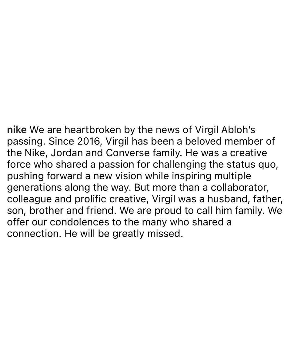 ComplexSneakers's tweet photo. Nike has released a statement regarding the passing of Virgil Abloh. https://t.co/jHDdghZjZq