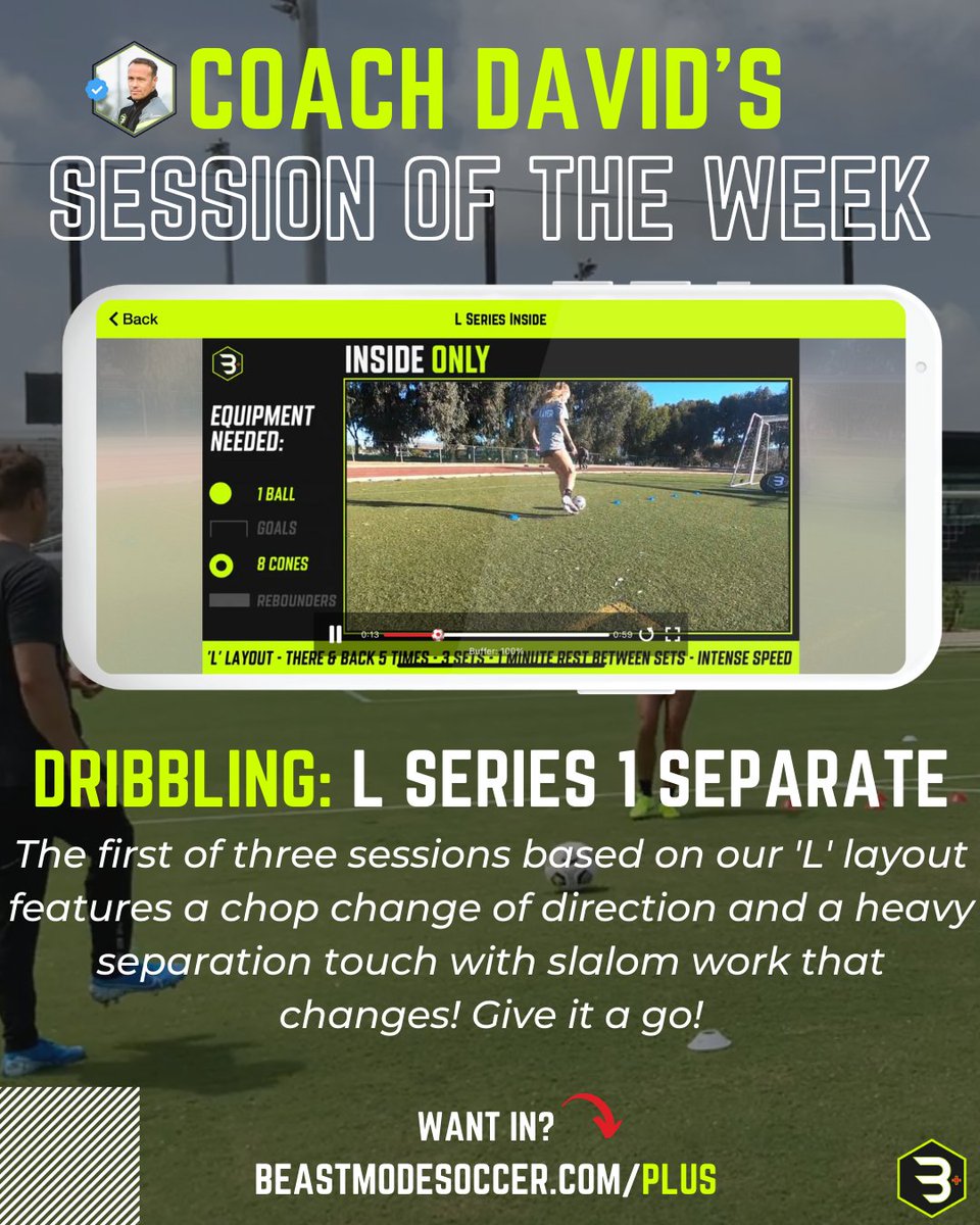 MySoccerApp's tweet photo. SESSION OF THE WEEK!
The first of three sessions based on our 'L' layout features a chop change of direction and a heavy separation touch with slalom work that changes! 
Give it a go!
Focus on that separation!

 #beastmodesoccer #individualsoccertraining #soccerskills https://t.co/yqm8ineF0Z