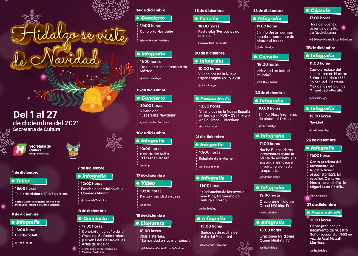 CulturaHidalgo's tweet image. 🌲🎁 | Te invitamos a disfrutar de las actividades que preparamos para el Festival Hidalgo se Viste de Navidad. 

¡Acompáñanos con tu familia!

Aplicamos todas las medidas sanitarias.

#NavidadHidalgo

@omarfayad | @leyzafv