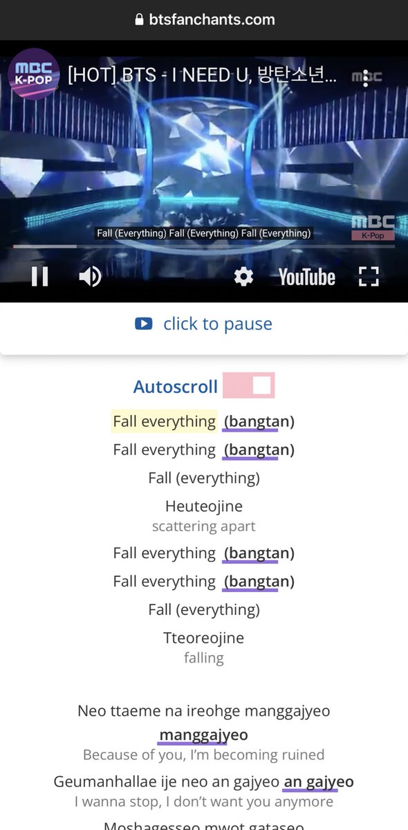 This army-made website is a great tool for learning the BTS fanchants as well 😊 It has (mostly) Korean performances and auto-scroll lyrics to help you learn. Do check out their website too 💜