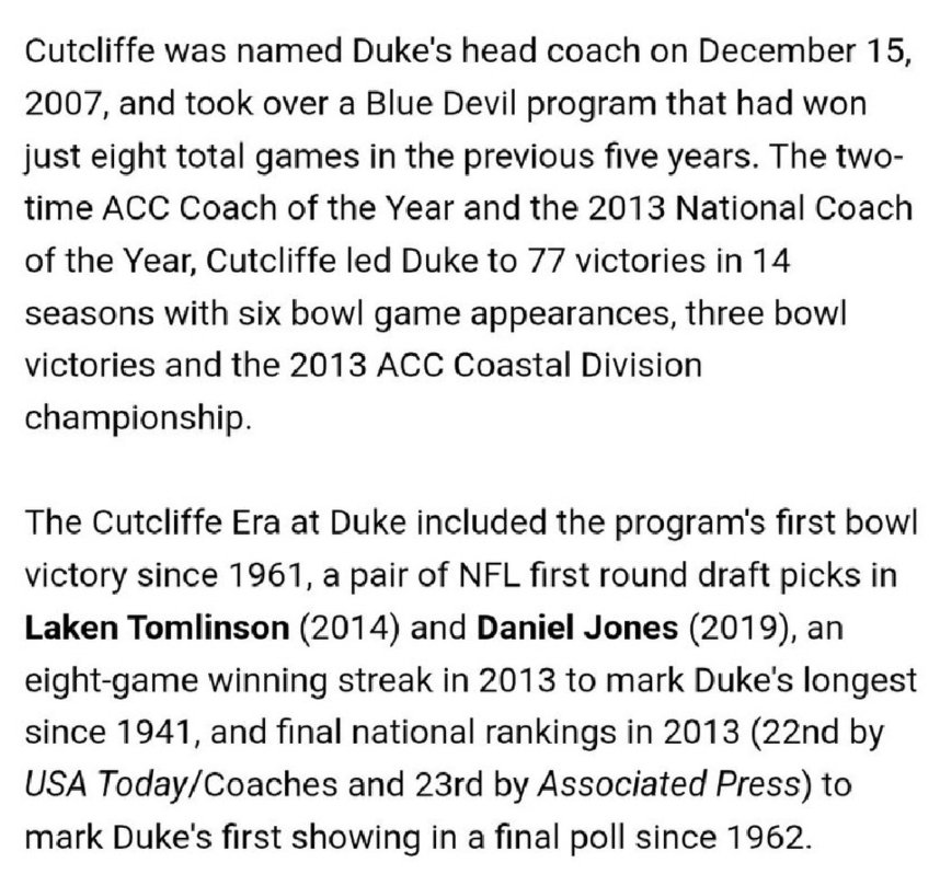 Some options for memorialization of Coach Cutcliffe...

-Change Brooks Field to Cutcliffe Field 
-Change Blue Devil Tower to Cutcliffe Tower
or 
-Build a statue of him on the new concourse that he built!

Do something for him. His accomplishments CANNOT be forgotten.