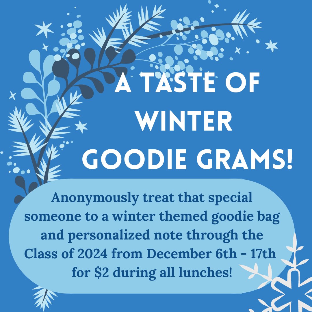 Want to surprise that special someone in your life? Support the Class of 2024 and get a winter themed goodie bag with a personalized note that we can anonymously deliver for you for $2 from Monday, December 6th - Friday, December 17th!! ❄️☃️