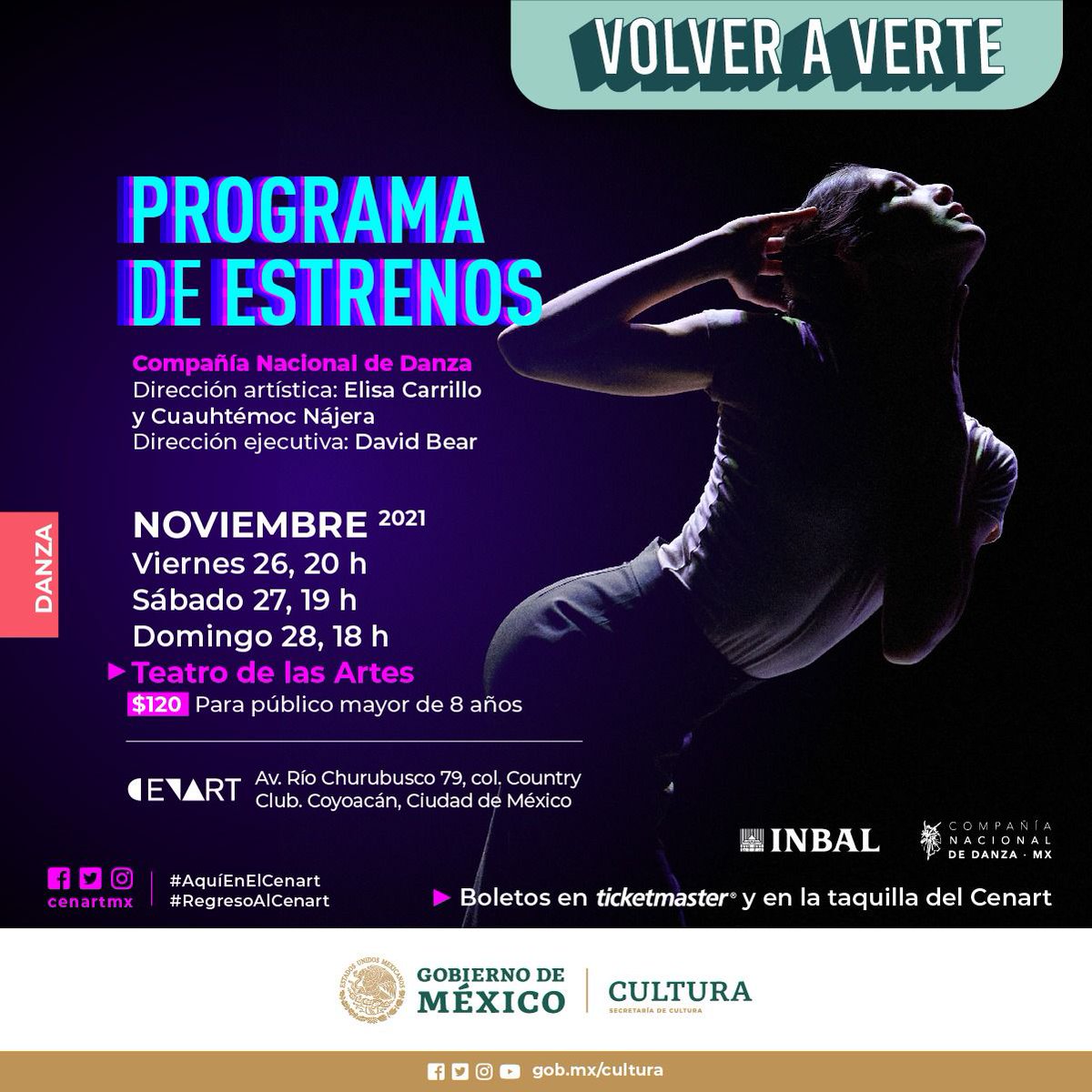 alefrausto's tweet photo. Te esperamos esta noche en el @cenartmx para disfrutar de la última función del #ProgramaDeEstrenos de la @CNDanzaMX, con la dirección artística de @ElisaCarrilloC y @cuaunr y David Bear. Queremos #VolverAVerte. https://t.co/5quiieSPOX