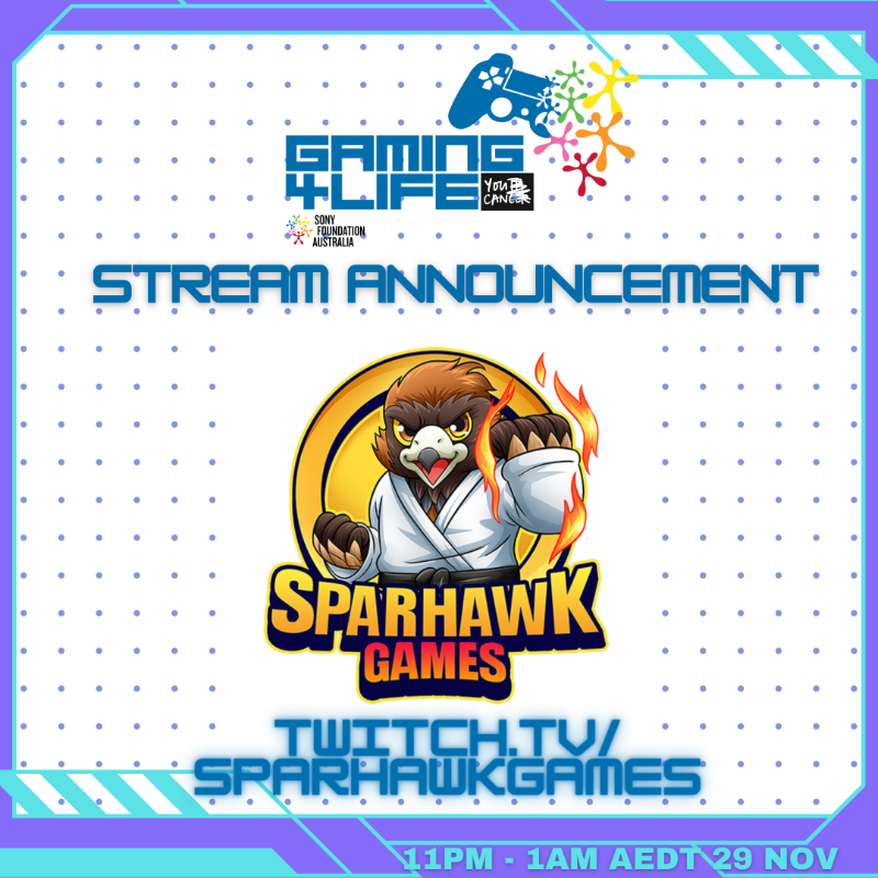 SonyFoundation's tweet photo. We're proud to be supported by our #Gaming4Life stars for the second last day of #Gaming4Life. Join @StormiePlaysYT, @SkyBlueJohnno, @sparhawkgames, @CalvinM3tallion and The Bearant! 

Tune and support their streams final streams to support young Australians battling cancer.