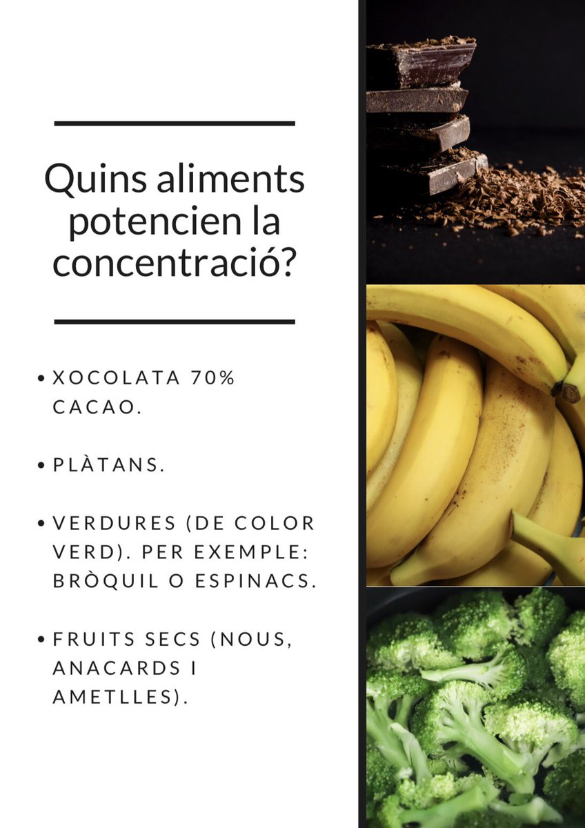 mariabelrb_uib's tweet photo. Sabieu que alguns aliments ens ajuden a tenir una millor concentració? Ara que s’acosten els examens i treballs... anam a veure quins són alguns d’ells! 🤔🥦🍌‼️

#22121_uib @EFsaludable_UIB https://t.co/evL9KCf8oS