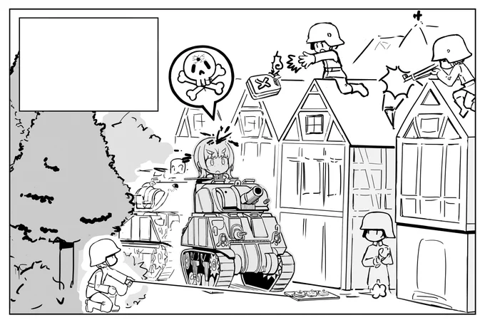 今日の作画。戦車の能力と限界と諸兵科連合の話の1コマ 