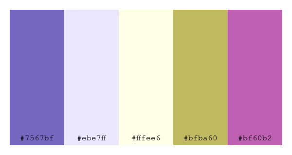 ColPaletteBot's tweet photo. Beep beep, here's a pretty color palette for you!
color-scheme.js parameters used:
- hue: 112
- variation: light
- colors: #7567bf, #ebe7ff, #fffee6, #bfba60, #bf60b2
Have a lovely evening!
#twitterbot #colorpalette #colors #palette #prettycolors https://t.co/bzAvTDcrIh