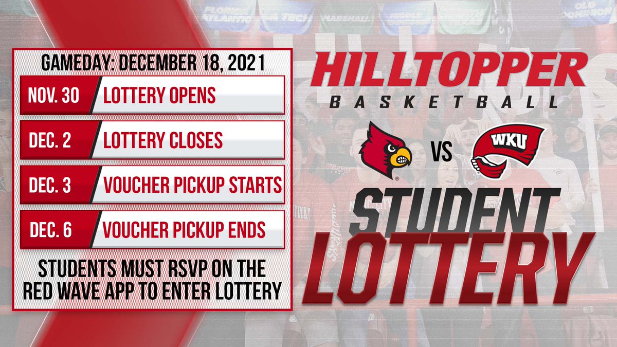 🚨 REMINDER 🚨

We will be hosting a student lottery for the <a href="/WKUBasketball/">WKU Hilltopper Basketball</a> game vs. Louisville starting at 8 a.m. this Tuesday! 

You must have an account on the WKU Red Wave app to enter. 

#GoTops | #LetsGetRowdy