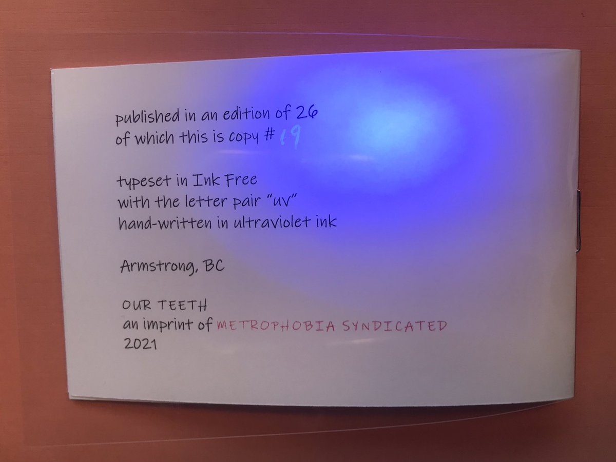 MetrophobiaS's tweet photo. New chapbook! 

L   POEM is a suite of 4 couplets, segments of which have been hand-lettered using UV ink. Limited to an edition of 26, stapled &amp; signed, wrapped in transparency covers. $8 each. DM to purchase. 

#MetrophobiaSyndicated #Chapbook #Poetry #CanLit #Ultraviolet #Luv https://t.co/s5Oa0aFp8a