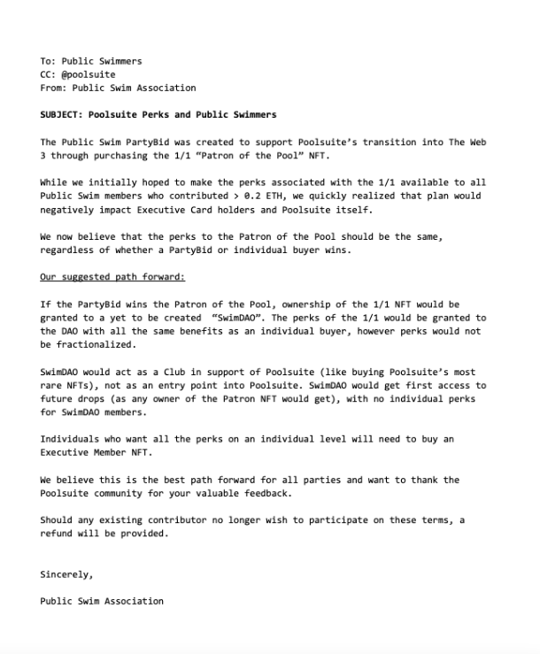 PublicSwim's tweet photo. An important update from the Public Swim Association regarding Poolsuite Perks and the Party Bid

Full release here: https://t.co/uX0unFqtvK https://t.co/reIYgBGxW0