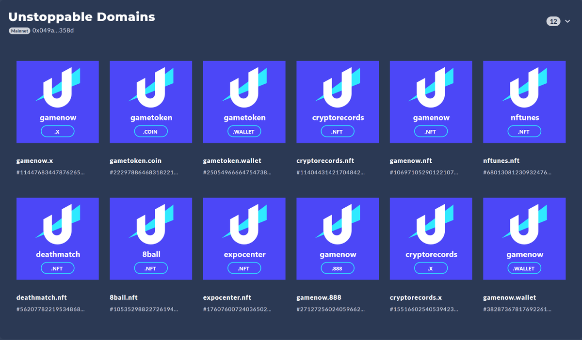 PTcrypto's tweet photo. 12 unstoppable domains fs #nfts #domainnames #cryptorecords #gamenow #nftunes #expocenter 25eth for 12. No renewal fees ever. https://t.co/Z0Wtk2orl0