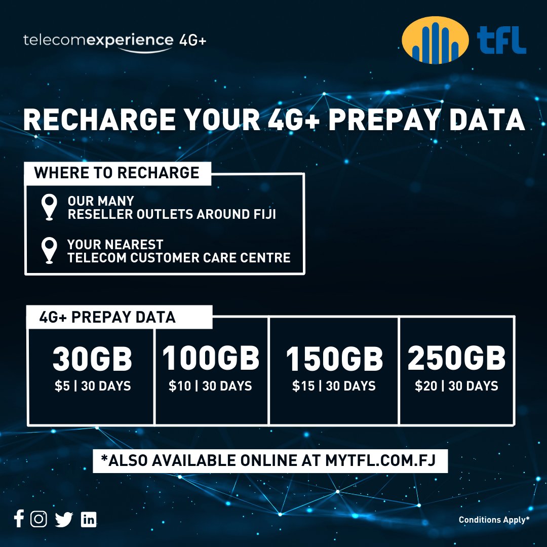 TelecomFJ's tweet photo. Enjoy the best online experience with Telecom 4G+
Get the best with our 4G+ prepay data today:
โRecharge online or find your nearest reseller outlets around Fiji https://t.co/H5xYPtT0II
Conditions Apply*
#TelecomFiji #TheBestOnlineExperience #TelecomExperience #Fiji https://t.co/McMLnIFNjC