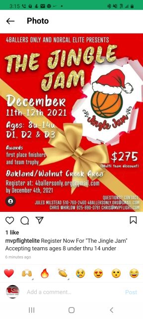 Jingle Jam Dec 11th, 12th registering 3rd thru 8th grade teams. Tournament will take place in Oakland/Walnut Creek and surrounding areas.