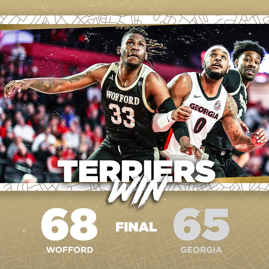 WoffordMBB's tweet photo. Happy Homecoming, @CoachJMcAuley ✊

Wofford downs Georgia at Stegeman Coliseum for its first SEC win since 2018 ‼️

#GoTerriers https://t.co/4bKr40IEvp