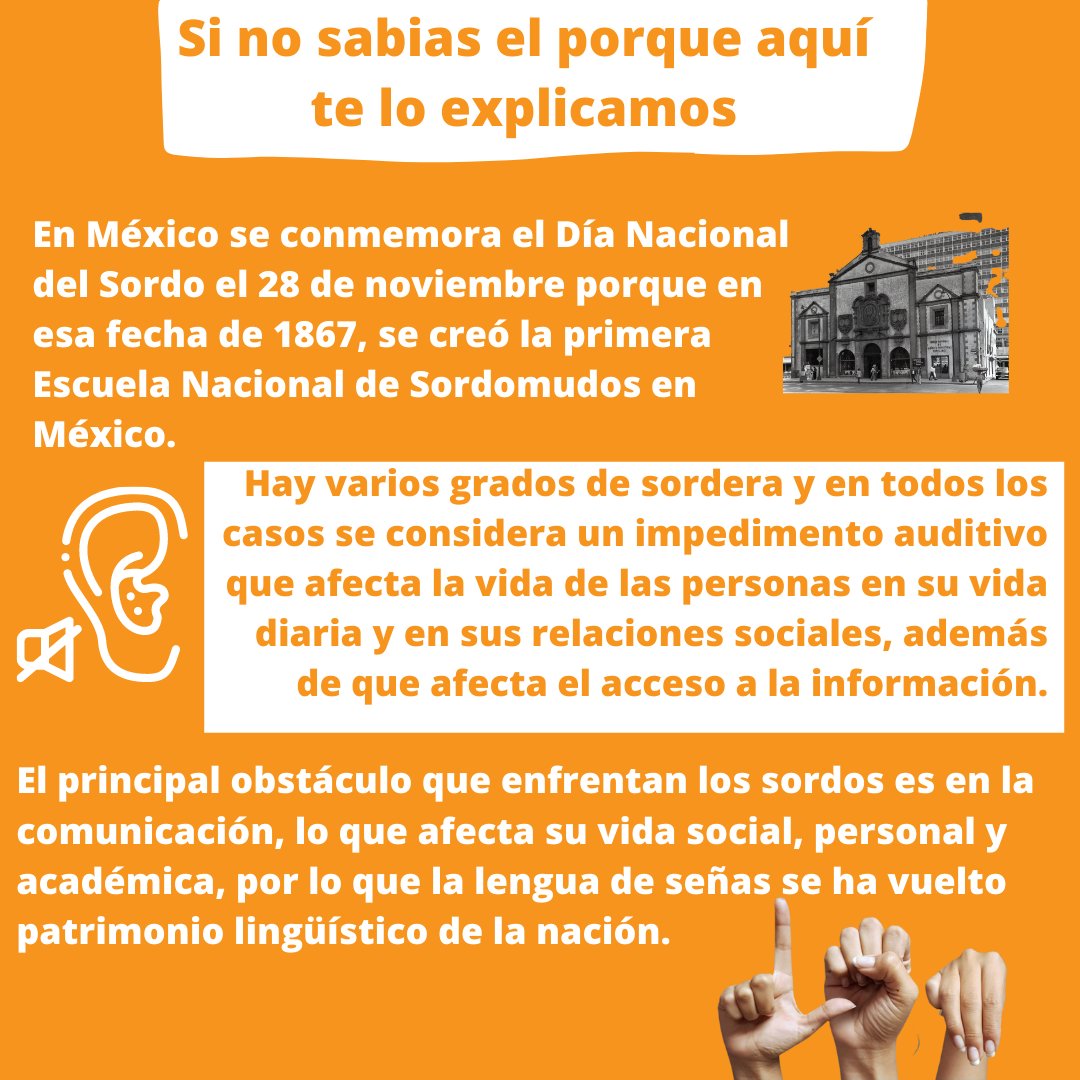 ExpresateCuu's tweet photo. ¿Sabías que hoy 28 de Noviembre es el día nacional del Sordo? 
Aquí te explicamos un poco más sobre este día y su importancia. 
#Exprésatedejandohuella https://t.co/3BCrj4dzRH