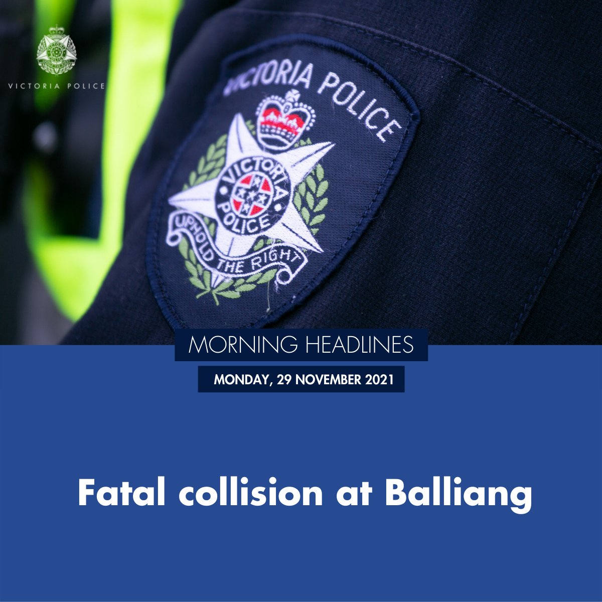 Major Collision Investigation Unit detectives are investigating a fatal collision at Balliang this morning.

Read more, https://go.vic.gov.au/tl3qKx

Any witnesses or anyone with dashcam footage is urged to contact Crime Stoppers 📞1800 333 000 🔗www.crimestoppersvic.com.au
