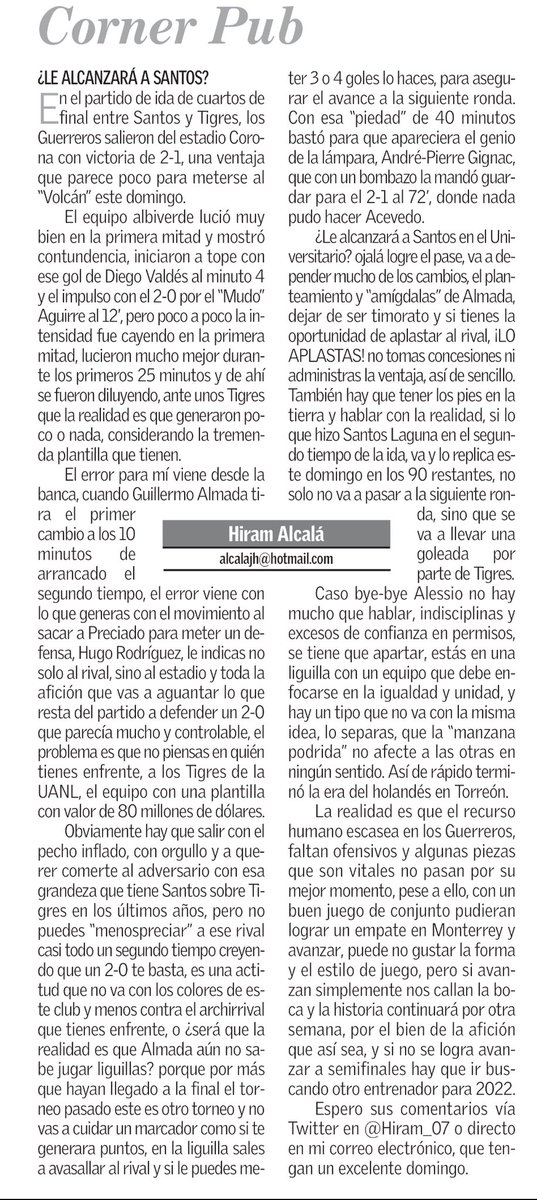 Hiram_07's tweet photo. Mi columna de esta semana en El Siglo de Torreón, sobre el Tigres vs Santos.
https://t.co/Xx2I1HUJsz #CornerPub https://t.co/OTj0z5whWa