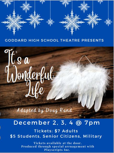 IT'S A WONDERFUL LIFE performs at GHS this Thursday, Friday and Saturday (Dec. 2-4) at 7pm! Tickets available at the door. Adults $7.00 and Students, Military, Senior Citizens only $5.00. Come enjoy some holiday magic with us!