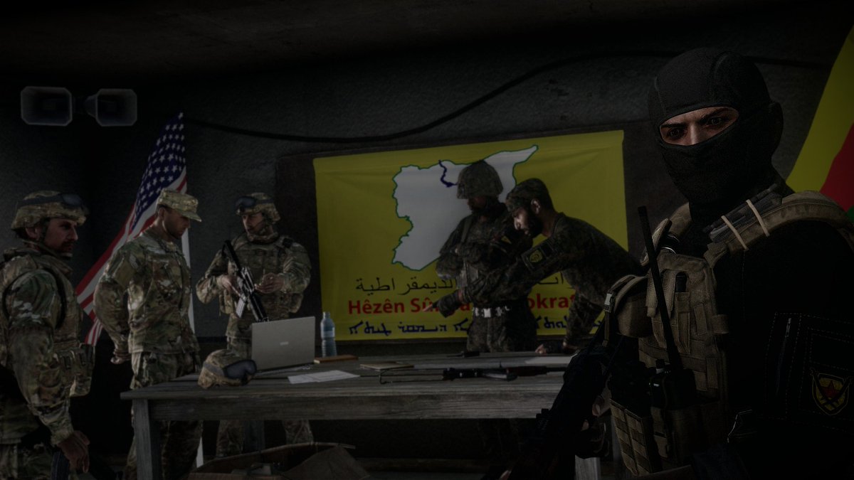 U.S. Army soldiers meet with members of the Syrian Democratic Forces' (SDF) People's Defense Units (YPG). The US-SDF coalition was instrumental to the routing of ISIL in the course of 2017's Raqqa campaign.

A CIA trained Anti-Terror Unit stands guard. #Arma3 #arma3photography