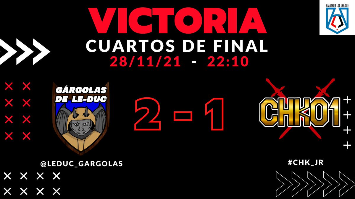 LeDuc_Gargolas's tweet photo. Vencemos 2-1 a #CHK_JR en cuartos de final de @ALL_lolleague !

Ahora a por las semifinales!

#GoGargolas #StrongLikeARock https://t.co/jTn0Sv5JId