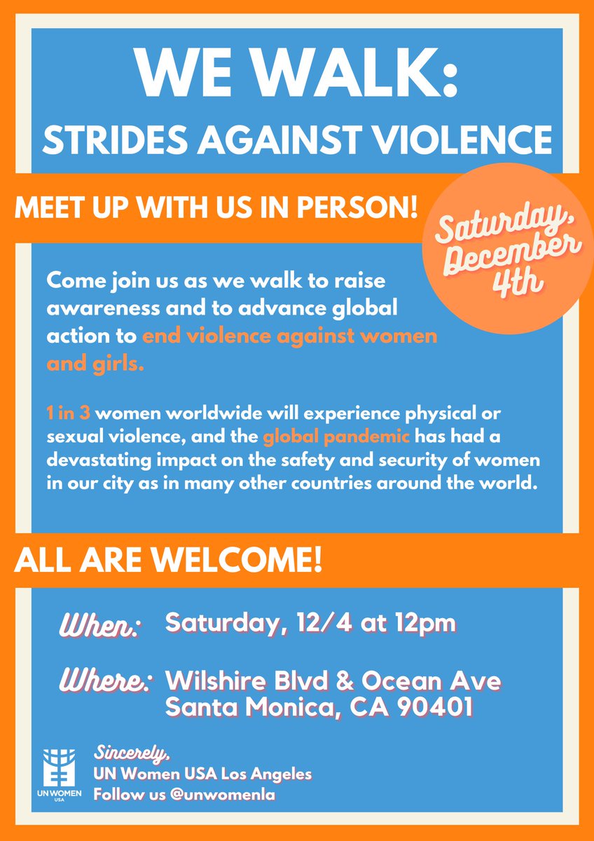 UNWomenLA's tweet photo. Mark your calendars for the @UNWomenUSA National Walk Meet-Up on Saturday, December 4th at 12pm, in Santa Monica!
Come join us as we gather and walk to raise awareness and to advance global action to end violence against women and girls of all forms!
#stridesagainstviolence https://t.co/cE884FPmz8