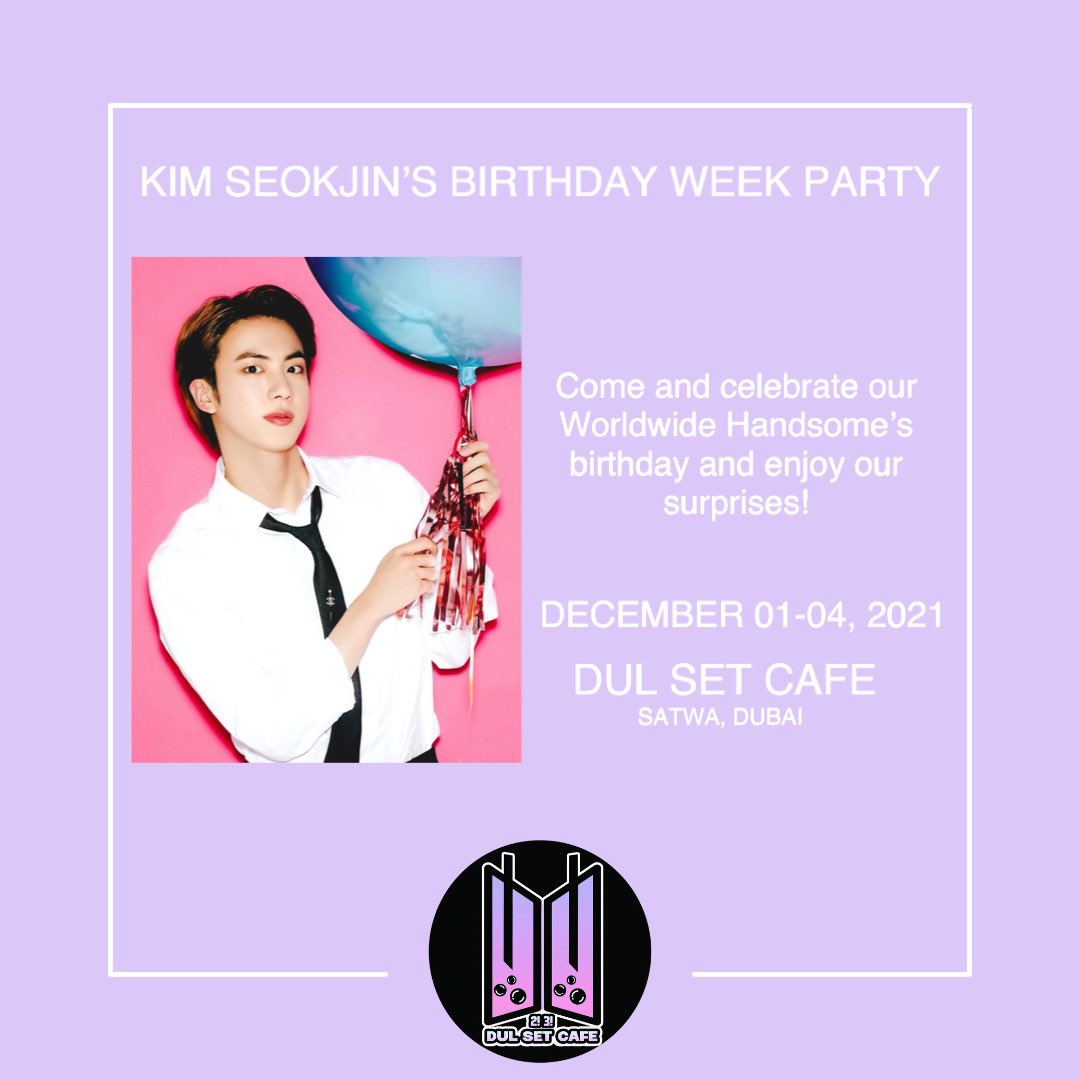 dulset_cafe's tweet photo. OUR SPECIAL MENU FOR JIN’S BIRTHDAY WEEK FROM DEC 01-04 💜

Come and celebrate with us as we prepare lot of games, surprises and giveaways! Get a chance to see our cafe with Jin’s special birthday set up 💜

#DulSetCafe
#BTSThemedCafe
#KPOPThemedCafe
#SatwaDubai https://t.co/Ts8oruvzzK