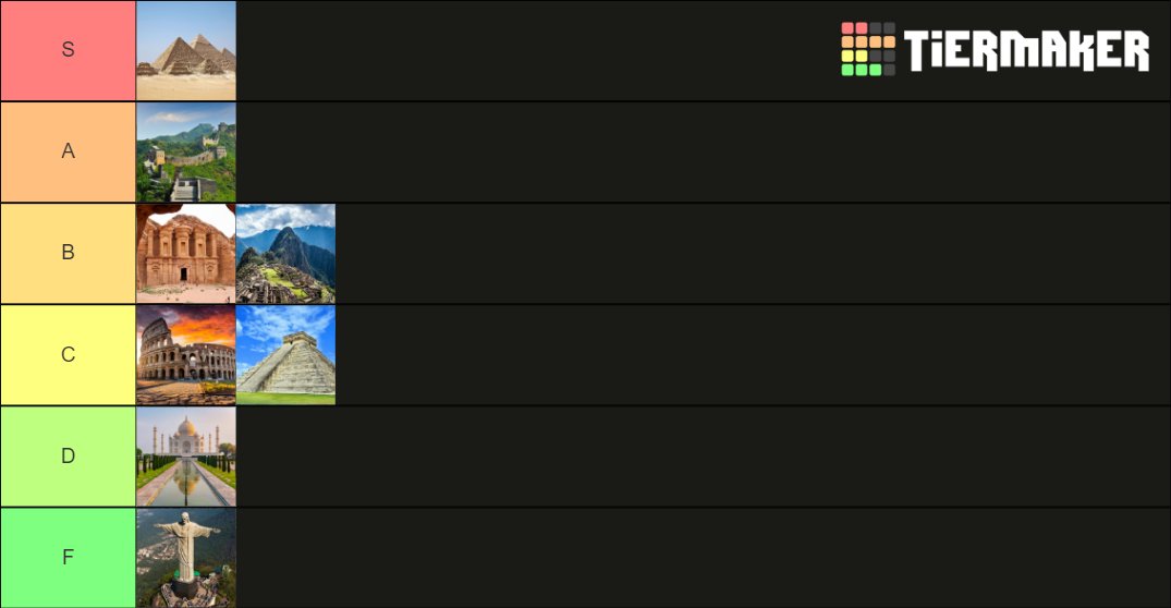 rankunext's tweet photo. Rankings of the 7 New Wonders of the World! #TierMaker via 
@TierMaker https://t.co/xIq0a0YuJK