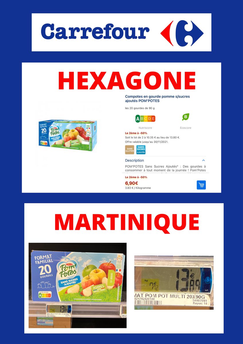 Les goûters (pour la compote, le lot de 2 sans promotion est AU MÊME PRIX que le lot de 1 en Martinique)