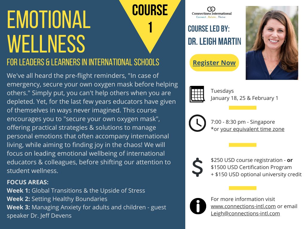 Register today for Emotional Wellness for International Educators! This 3 week course is the 1st in a series of 7. Take just one, or all 7 as part of a Wellness Certificate, or opt to earn university credit for this course w/ <a href="/UNIEdLead/">UNI Ed Lead</a> 
Sign up today at lnkd.in/ggF7SmFz