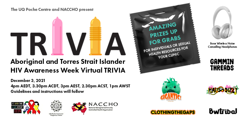 ONLY 4 DAYS TO GO🤩
It’s not too late for ACCHO staff to join #ATSHAW Virtual Trivia - Fri 3 Dec 2021, 3pm AEST.

🎧👕🦠Amazing prizes: Bose headphones, clothing, apparel, accessories, giant microbes, sexual health resources for your clinic.

👉🏾REGISTER: bit.ly/3FnHjyp