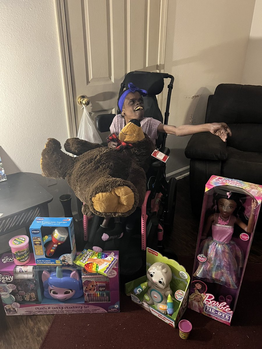 Meet Courtney . She was born missing  the bottom part of a number two chromosome . She can’t walk or talk and her mom has to to use a feeding tube every 4hrs. For Christmas we get her some things her mom told her she would like. Merry Christmas Courtney!