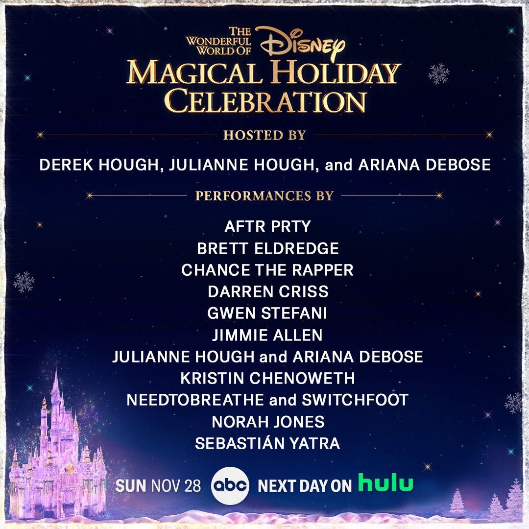 Hoy, tune in 🌟 Una noche mágica que no te querrás perder!  💫❤️ Derek Hough, Julianne Hough y Ariana DeBose están organizando #DisneyHolidayCelebration en ABC! #DisneyWorld50 Walt Disney Studios Walt Disney World Disneyland 👉🏻 bit.ly/3FoMe1Y