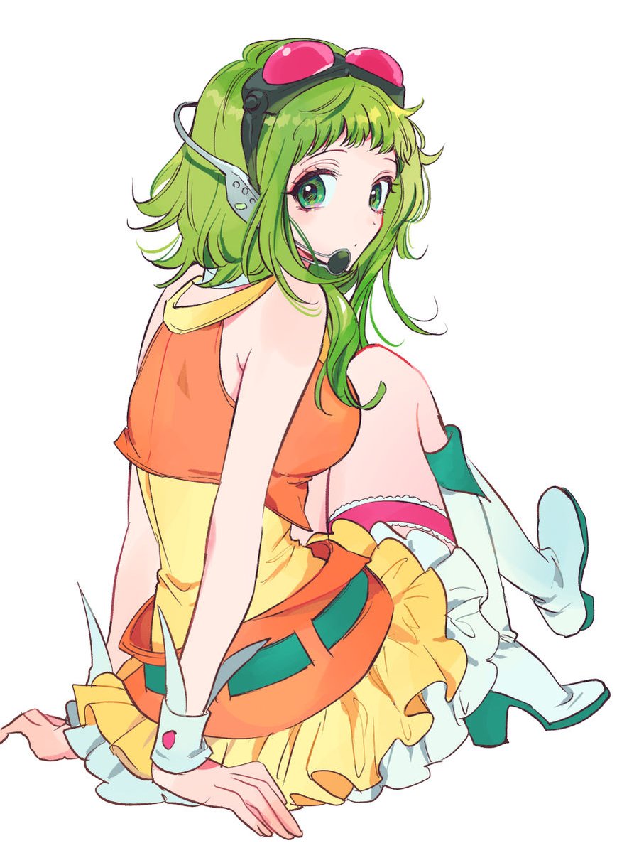 gumi 1girl solo goggles green hair goggles on head headset green eyes  illustration images