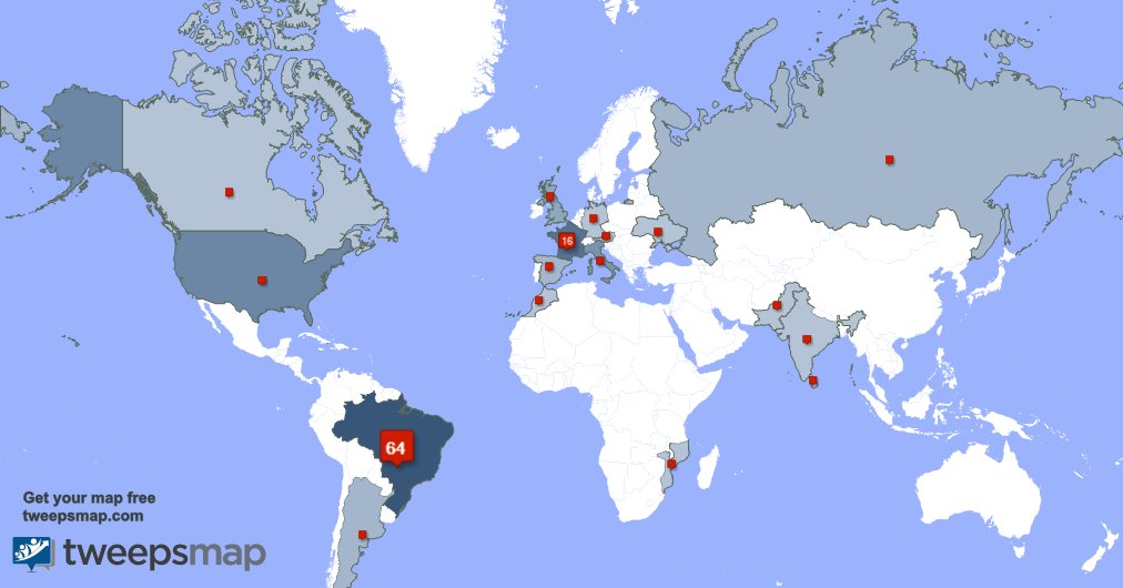 Meus seguidores são de Brasil(66%),França(16%),EUA(7%) tweepsmap.com/!reginamlgf