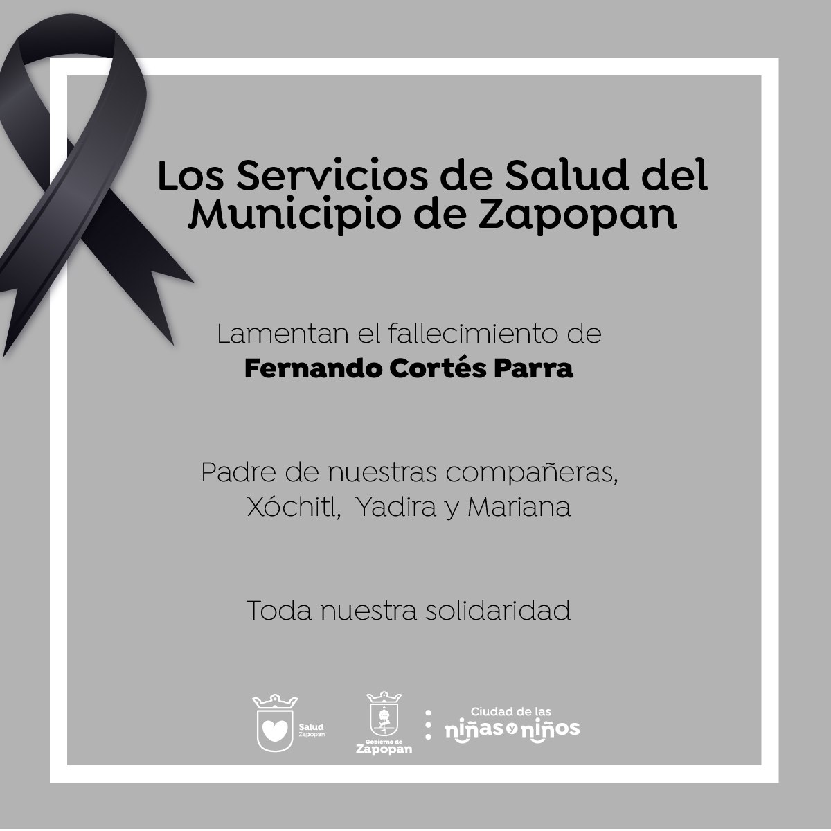 SaludZapopan's tweet photo. El personal de Servicios de Salud del Municipio de Zapopan se une a la pena que embarga a la familia Cortés Dorado por esta sensible pérdida. https://t.co/si2jEY2MLD